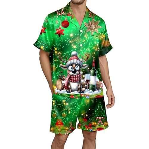Pyjama Homme Noël En Satin - Imprimé Multicolore Festif - Manches Courtes Et Boutonnage - Confortable Et élégant