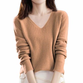 Generic Ladies Jumpers Trendy V Neck Fleece Knitted Jumpers Autumn Winter Warm Ribbed Sweaters Thermal Warm Knitwear Cozy Base Layer Pullover Sweaters,Gold,XX