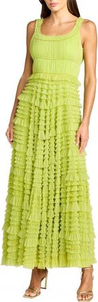 Mac Duggal Micro Ruffle Sleeveless Scoop Neck Tiered Maxi Dress in Apple Green at Nordstrom, Size 10