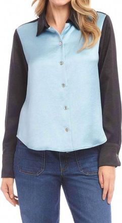 Karen Kane Long Sleeve Satin Colorblock Shirt In Glacier With Black