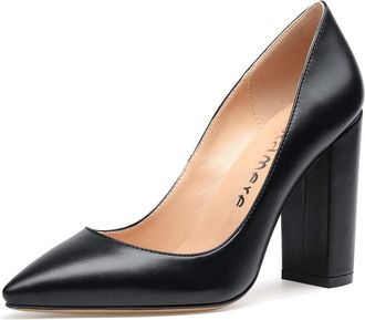 Castamere Womens Block Heels Pointed Toe Slip-On Court Shoes 4IN Heeled PU Black Pumps UK 8.5