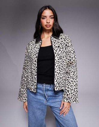 Barbour Giacca beige leopardata con zip e colletto a coste a contrasto-Multicolore