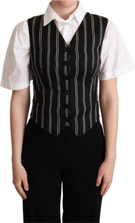 Dolce & Gabbana Zwart Gestreept Luipaardprint Vest - Dames - Gillet - Zwart - S - Wol - Kostuums