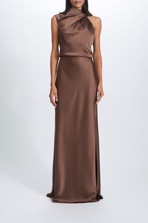 Amsale Fluid Satin Draped Neck Dress in Truffle at Nordstrom, Size 12