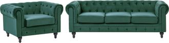 Beliani Conjunto De Sof&aacute;s Chesterfield Tapizado En Terciopelo Verde Patas De Madera Oscura Sof&aacute; 3 Plazas + Sill&oacute;n Estilo Cl&aacute;sico Chesterfield