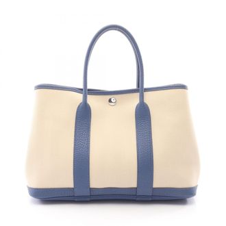 Herm&egrave;s Blue Ivory Toile Chevron Handbag Tote Bag (Pre-Owned)