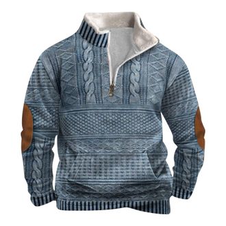 Generic 1/4 Zip Jumper Mens Retro Cable Knit, Fleece Lined Turtleneck Quarter Zip Jumper Men Elbow Patch Winter Warm Casual Outdoor Long Sleeve Sweatshirt Pul