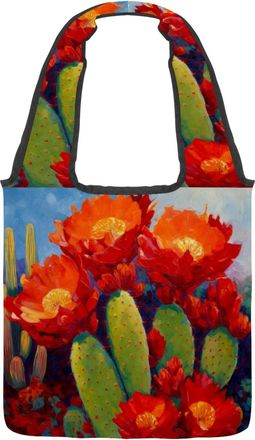 Generic Red Cactus Flowers Reversible Canvas Shoulder Tote - Double-Sided Print, 12oz Cotton, 27cm Drop, Fold-Flat Bag for Travel, Shopping, Street Outings