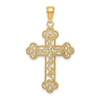 Diamond2Deal 14k Yellow Gold Textured Beaded Edge Cross Charm