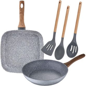 San Ignacio Juego De Sarten Con Asador Grill De 26 Cm Y 28x28 Cm En Aluminio Forjado Y Set De 3 Utensilios De Cocina San Ignacio