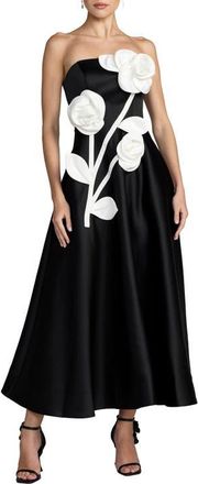 Mac Duggal Strapless Satin A-Line Gown With 3D Floral Appliqu&eacute; in Black Ivory at Nordstrom, Size 12
