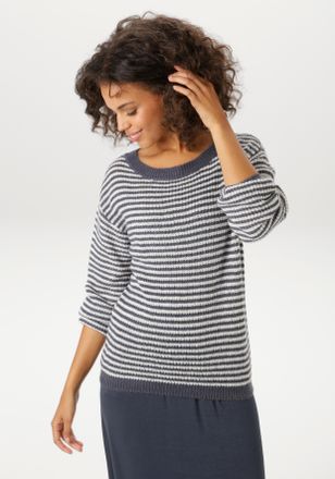 Aniston Strickpullover ANISTON CASUAL, Damen, Gr. 34, blau, wei&szlig;, Strick, Obermaterial: 100% Polyacryl, gemustert, geringelt, gestreift, h&uuml;ftlang, Rundhals, R