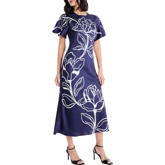 Maggy London Floral Short Sleeve Midi Dress in Navy/Ivory at Nordstrom, Size 0