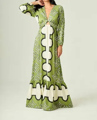 Lavi Eva Printed Maxi Dress In Green/ Ecru