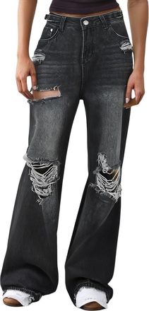 Generic Baggy Jeans for Women UK Ripped Pull on Trendy Denim Pants with Pockets High Waisted Flared Denim Trousers for Ladies
