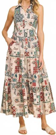 Pinch Design Printed Tiered Maxi Shirt Dress In Taupe Multi