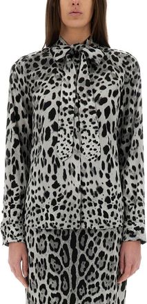 Dolce & Gabbana Leopard Print Bow Charmeuse Shirt-Donna