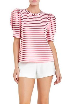 English Factory Stripe Puff Sleeve Top in Pink/red at Nordstrom Rack, Size X-Large
