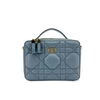Dior Caro Box Bag With Chain Macrocannage Quilt Calfskin Blue Leather Handbag (Pre-Owned)