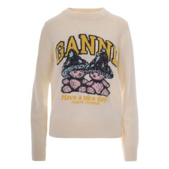 Ganni Ronde hals gebreide kleding - Dames - Ronde hals truien - Wit - L - Wol - Truien & Vesten