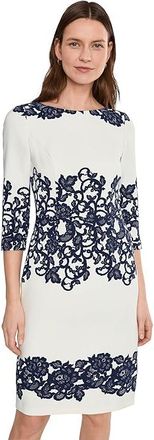 Adrianna Papell Scroll Lace Short Dress Womens Dress Ivory/Navy : 14, Elastane/Polyester