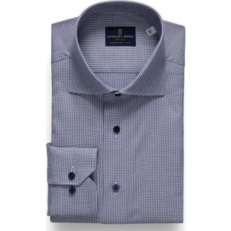 Emanuel Berg Modern Fit Houndstooth Natural Stretch Yoga Twill Dress Shirt in Navy at Nordstrom Rack, Size 46