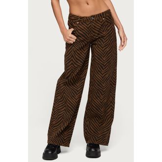 Edikted Zebra Print Baggy Straight Leg Jeans in Brown at Nordstrom, Size X-Large