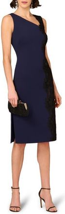 Adrianna Papell Lace Trim Crepe Midi Cocktail Dress in Navy/Black at Nordstrom, Size 10