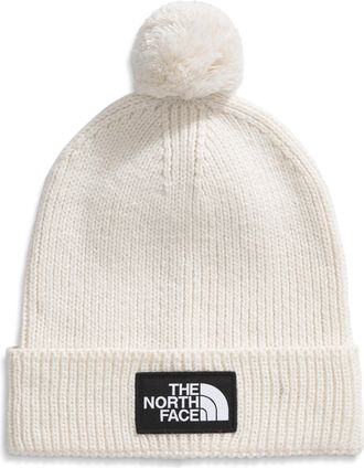 The North Face Cream White Ribbed Knit Hat with Pom Pom, Classic Logo, Winter Design