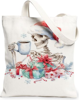 Generic Christmas Skeleton Canvas Tote Bags, Holiday Design Reusable Grocery Bags, Vintage Lightweight Washable Shoulder Strap Canv, White, 13x15 Inch