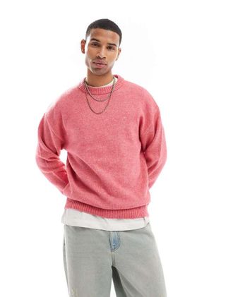 Jack & Jones oversized fluffy crew neck sweater in pink