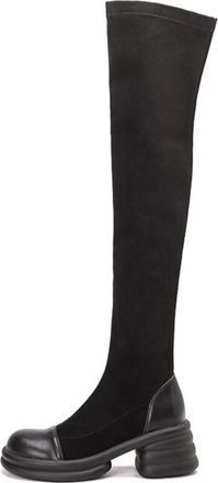 Generic Womens Over-The-Knee Suede Fabric Boots Side Zipper Thick Platform Soles Round Toe Stretch Fabric Slip On Soft Lining Anti-Slip Outsole,Black,3.5 UK