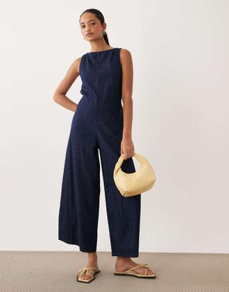 Asos Tuta jumpsuit di jeans alla caviglia blu scuro