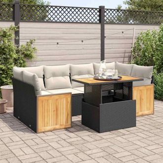 vidaXL Set Sof&aacute;s Jard&iacute;n Y Cojines 7 Pzas Rat&aacute;n Sint&eacute;tico Acacia Negro Vidaxl