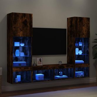 vidaXL Vidaxl - Muebles Tv Pared Con Led 5 Pzas Madera Ingenier&iacute;a Roble Ahumado