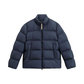 Woolrich Winter Jackets, male, Blue, Size: XL Quilted Navy Blue High Neck Coat