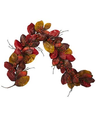 Nearly Natural 6Ft Autumn Magnolia Leaf With Berries Artificial Garland