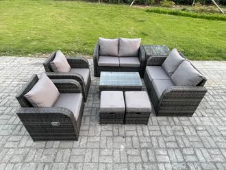 Fimous 8 Seater Rattan Garden Furniture Set Patio Outdoor Lounge Sofa Set with Rectangular Coffee Table 2 Small Footstools Love Sofa Side Table