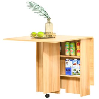 HOMCOM Mesa Plegable Con Ruedas, Mesa De Comedor De Dise&ntilde;o, Mesa Plegable Que Ahorra Espacio, Dise&ntilde;o Moderno, Con Ruedas, Estantes De Almacenamiento, 140 &times; 8