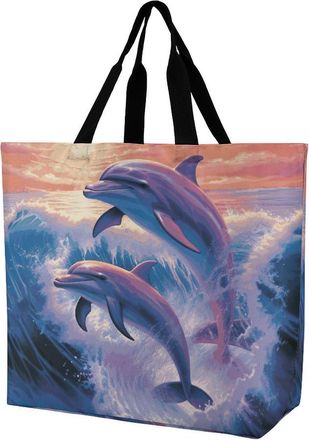 Generic Dolphin Art Shopping Bag Durable Shopper Bag Waterproof Grocery Bags For Work College Daily Use