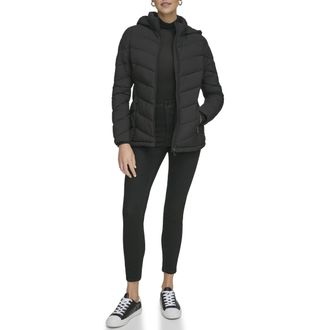 Calvin Klein Womens Everyday Zip Front Puffer Long Sleeve Coat, Light-Weight Hooded Ebony, M