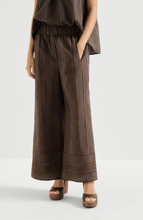 Brunello Cucinelli Techno cotton poplin broderie anglaise track trousers in Chocolate at Nordstrom, Size 44