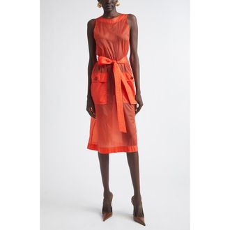 Saint Laurent Button Back Belted Nylon Dress in Rouge Orange at Nordstrom, Size 8 Us