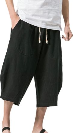 Generic Summer Men Linen Pants Wide Leg Trousers Male Hip Hop Joggers Calf-Length Track Pants Black