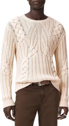 John Varvatos Dauphine Cabled Cotton Crewneck Sweater in Egg Shell at Nordstrom, Size X-Large