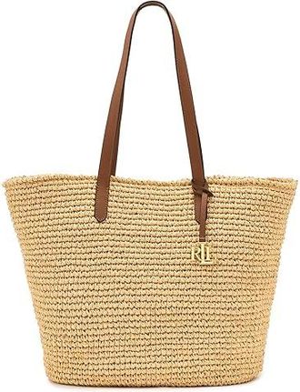 Lauren Ralph Lauren Crocheted Straw Large Lainey Tote Bag Tote Handbags Natural/Lauren Tan, Leather