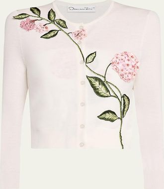 Oscar De La Renta Porcelain Flower Embroidered Crop Crewneck Cardigan