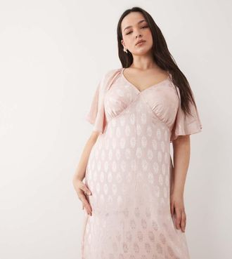 New Look Plus New Look Curve - Vestito midi rosa con stampa cachemire jacquard e maniche con volant