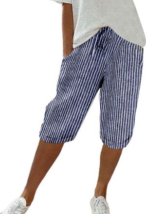 Generic Linen Shorts Womens Striped - 3/4 Length Shorts with Pockets Drawstring Elastic Waist Hiking Shorts Womens Lightweight Breathe Summer Shorts for Women