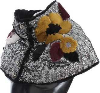 Dolce & Gabbana Womens Silver Sequined Floral Weasel Fur Shoulder Scarf Wrap